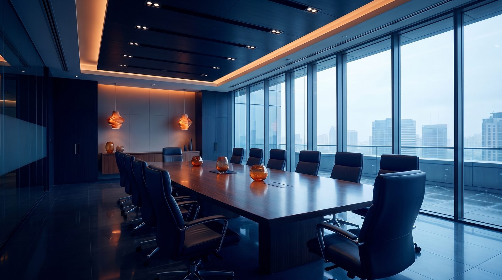 A sophisticated corporate boardroom setting viewed from an authoritative angle. The scene features a sleek, dark wood conference table reflecting subtle, cool-toned overhead lighting. Empty leather chairs convey a sense of anticipation and serious business deliberation. The overall atmosphere is modern, high-stakes, and deeply professional, aligning with a premium financial advisory aesthetic. Deep navy tones dominate the shadows, contrasted with crisp white highlights.