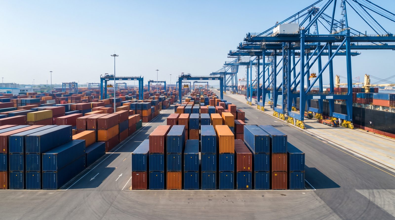 Logistics port at dusk with cranes and shipping containers